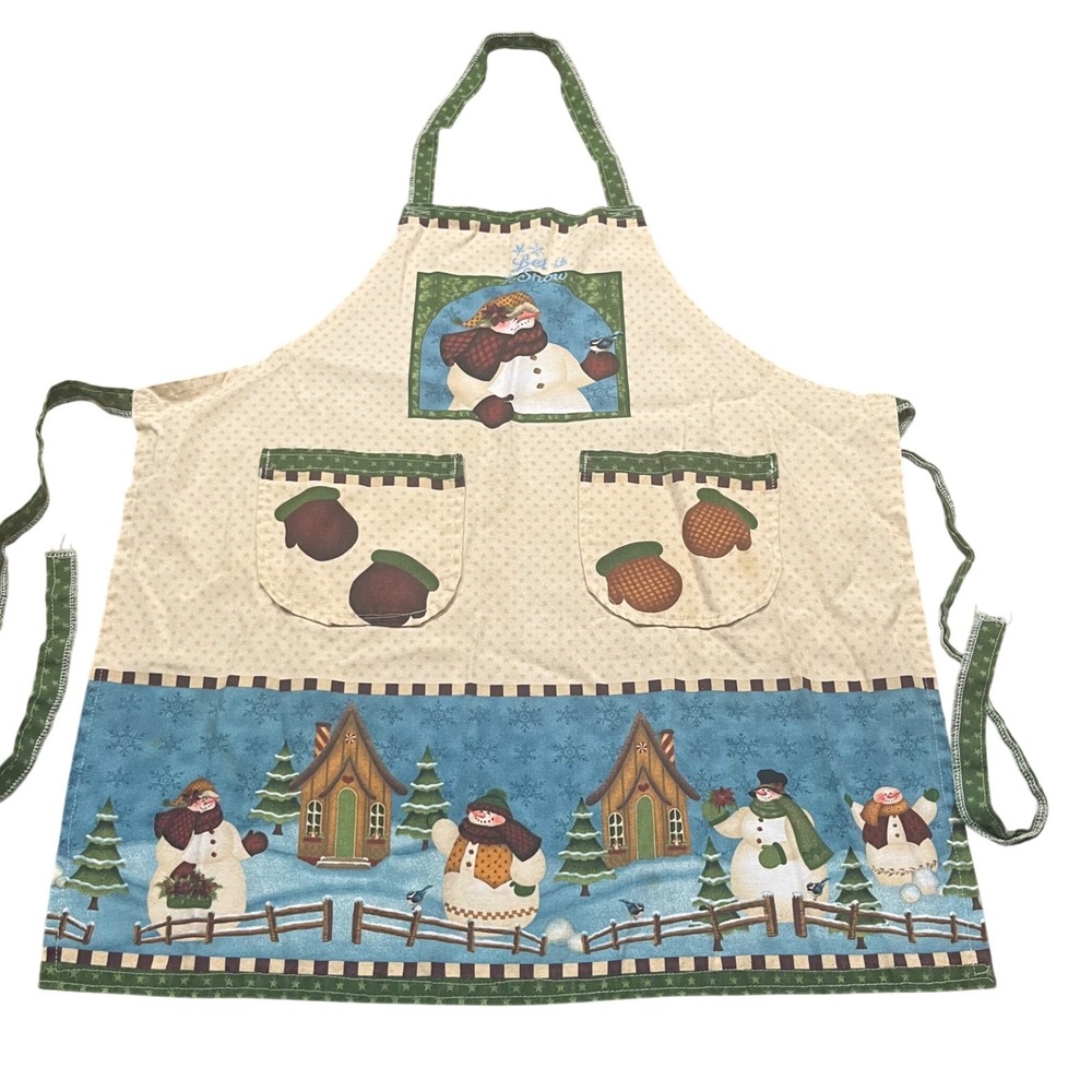 Vintage Snowman Holiday Apron Let It Snow Winter Scene Mitten Pockets Green Tan - Picture 1 of 3